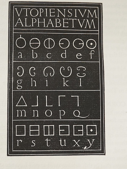 Golden Cockerel Press, Waltham Saint Lawrence, Berkshire - More, Thomas - Utopia, one of 500, floriated initials and title page by Eric Gill, 4to, green cloth gilt, spine and upper front board sunned, 1929, in solander c